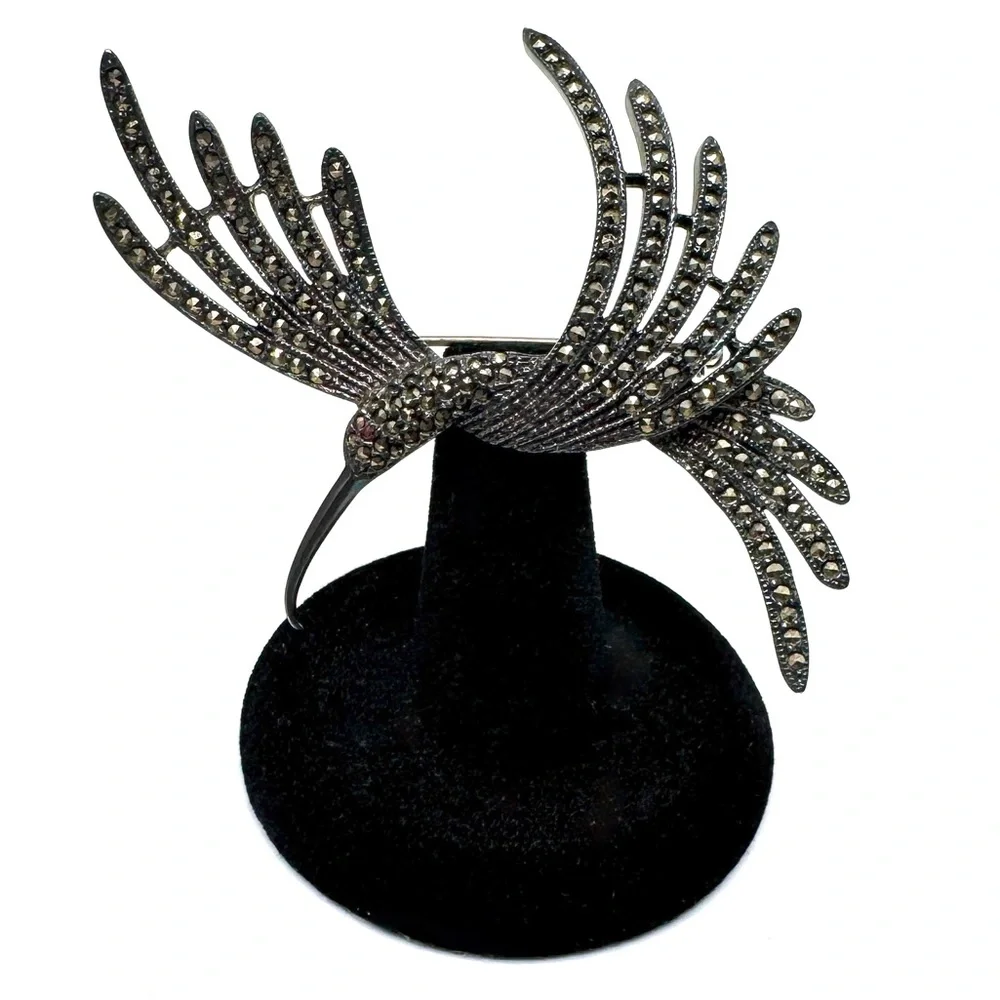 Judith Jack Sterling Silver and Marcasite Brooch Vintage Hummingbird Pin